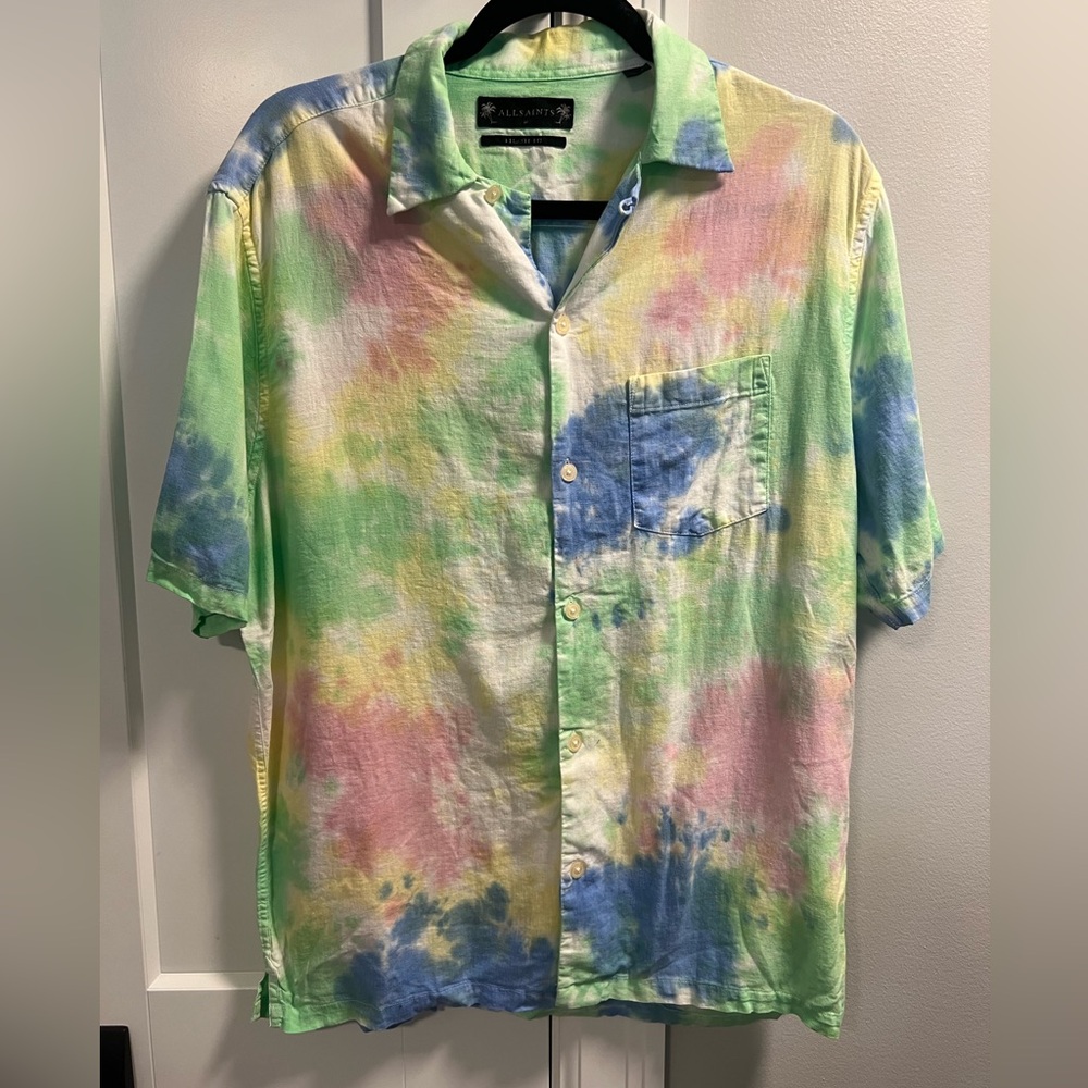 AllSaints Men’s Relaxed Fit Button Down Short Sleeve Short | Large | Tie Dye